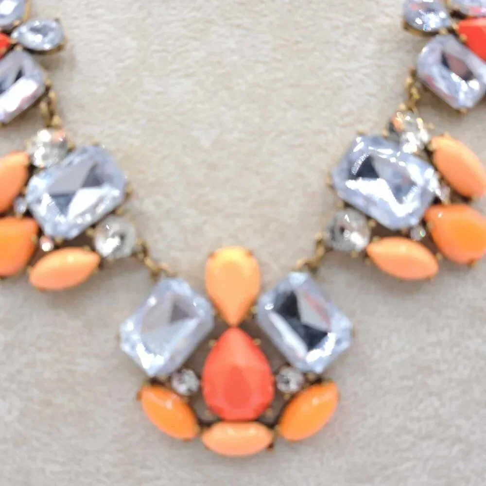 J Crew Large Clear Crystal and Orange Resin Statement Necklace